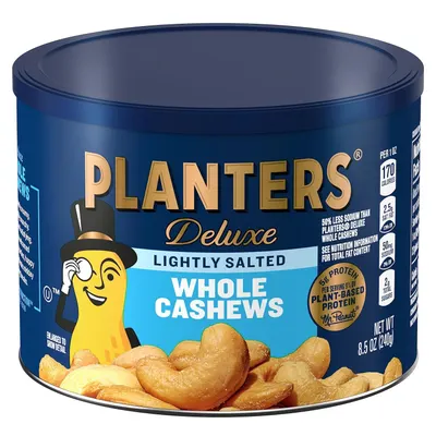 Displays the core product, a canister of Planters Deluxe Lightly Salted Whole Cashews, clearly showing the brand, product type, and key features to help shoppers identify what they are purchasing.…