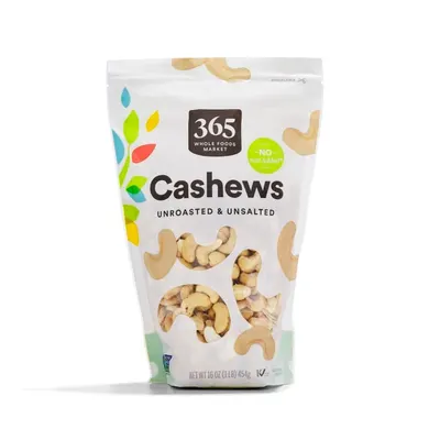 Shows the core product in its retail packaging with a clear window to display the cashews inside, communicating the product type and key attributes like unroasted, unsalted, and no salt added to…