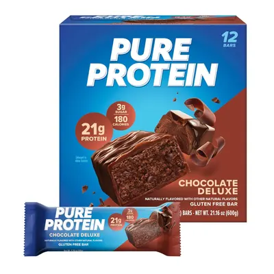 Shows the core sellable product—a 12-bar box of Pure Protein Chocolate Deluxe bars—along with an individual bar to communicate what the shopper will receive. Displays the retail packaging (both the…