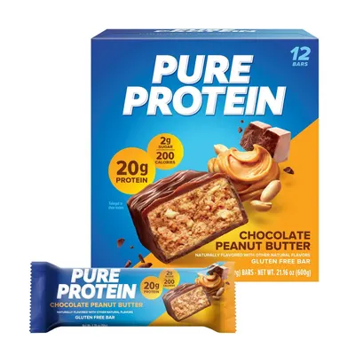 Shows the core sellable product - a 12-bar box of Pure Protein chocolate peanut butter bars - with both the outer carton and an individual bar wrapper visible to communicate what the shopper will…