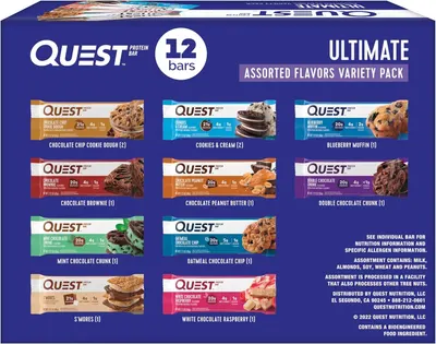 Shows the retail packaging box displaying all 10 flavor varieties included in the 12-bar assortment pack, helping shoppers understand exactly what flavors they will receive and the quantity of each.…