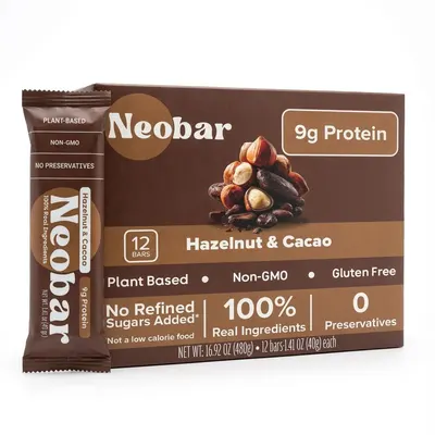 Shows the retail box of 12 Neobar protein bars, clearly displaying the product the shopper will receive. Displays the physical packaging with key product claims and nutritional highlights to help…