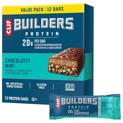 Shows the retail packaging and individual bar to communicate the product format, quantity (12 bars), flavor (Chocolatey Mint), and key nutritional benefit (20g protein per bar). Displays the…