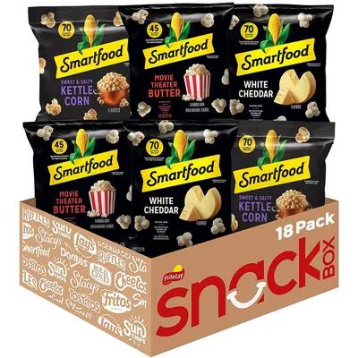 Shows the core sellable product—an 18-pack variety box of Smartfood popcorn in three flavors (Kettle Corn, Movie Theater Butter, White Cheddar)—to communicate the bundle contents and flavor variety…