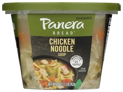 Shows the core sellable product, a Panera Bread Chicken Noodle Soup container, clearly displaying the brand, product name, and serving suggestion to help shoppers identify what they are purchasing.…
