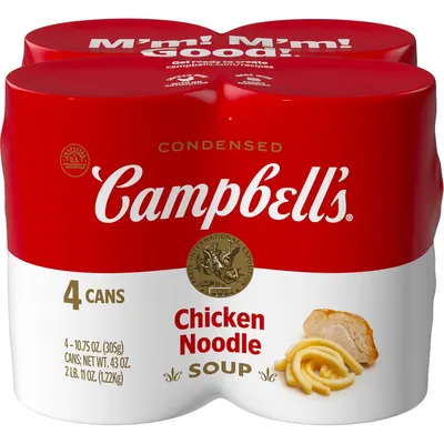 Shows the core sellable product, a 4-pack of Campbell's Chicken Noodle Soup cans, clearly displaying the brand, flavor, and quantity to help shoppers quickly identify what they are purchasing.