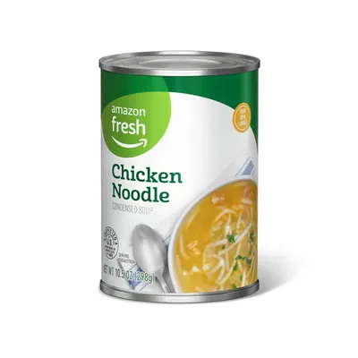 Displays the core sellable product clearly on a clean white background so shoppers can immediately identify the Amazon Fresh branded chicken noodle soup can they are purchasing. Shows the actual…