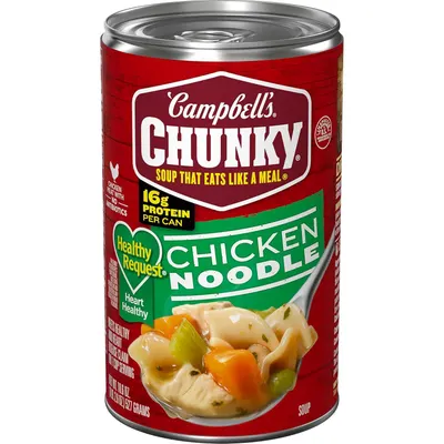 Shows the Campbell's Chunky Chicken Noodle soup can as the core sellable product, highlighting its hearty meal-like quality and 16g protein content to communicate value and nutritional benefits to…