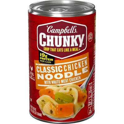Shows the Campbell's Chunky soup can as the core sellable product in a clean catalog-style presentation, allowing shoppers to clearly identify the product, brand, flavor, and key nutritional benefit…