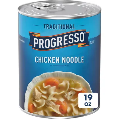 Displays the core product, a can of Progresso Traditional Chicken Noodle Soup, clearly showing the brand, flavor, and size to help shoppers identify and select the item.