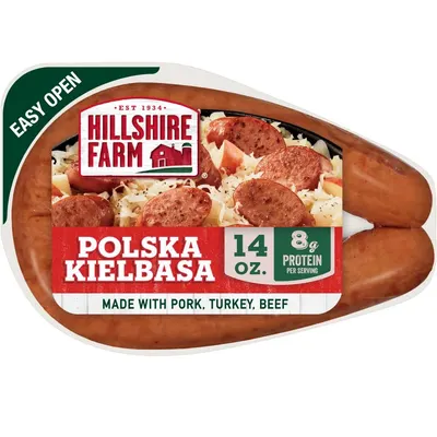 Shows the core product (Hillshire Farm Polska Kielbasa sausages) in its retail packaging with clear branding, product name, and key nutritional information to help shoppers identify and select this…