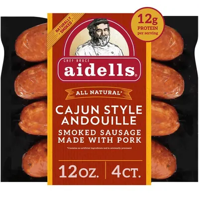 Displays the core product (smoked sausage) clearly visible through the packaging to show shoppers exactly what they are purchasing, emphasizing the quality and appearance of the sausage links. Shows…