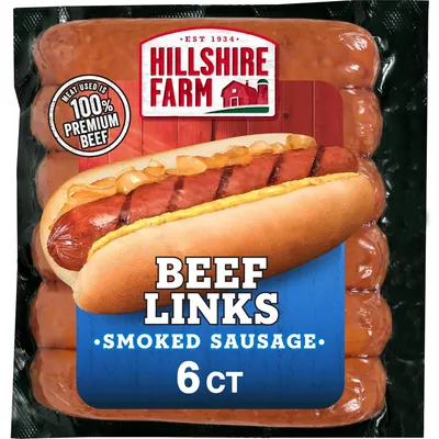 Displays the core product—Hillshire Farm beef links in retail packaging—to show shoppers exactly what they are purchasing, emphasizing the premium beef quality and smoked sausage variety. Shows the…