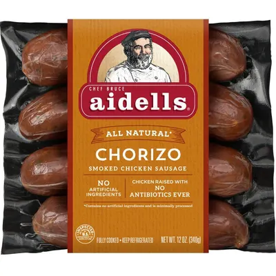 Shows the packaged product clearly with visible sausages through the packaging to communicate what the shopper will receive, emphasizing the all-natural, antibiotic-free quality of the chorizo…