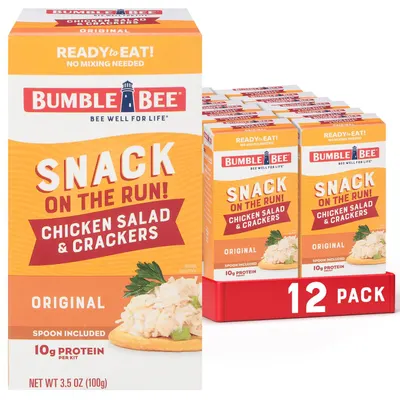 Shows the core product as a 12-pack of Bumble Bee chicken salad snack kits, communicating the quantity and convenience of the ready-to-eat format. Displays the actual retail packaging the buyer will…