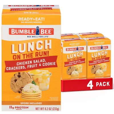 Shows the core sellable product—a 4-pack of Bumble Bee lunch kits—clearly displaying the packaging and contents to help shoppers understand what they are purchasing. Displays the retail packaging…