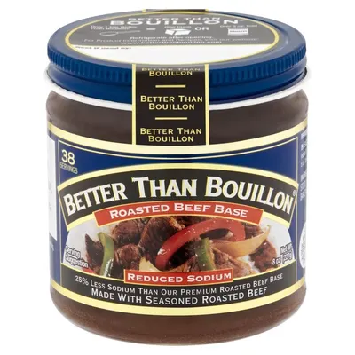 Shows the core product—a jar of Better Than Bouillon roasted beef base—clearly displaying the brand, flavor, and reduced sodium benefit to help shoppers identify and evaluate the product. Displays…