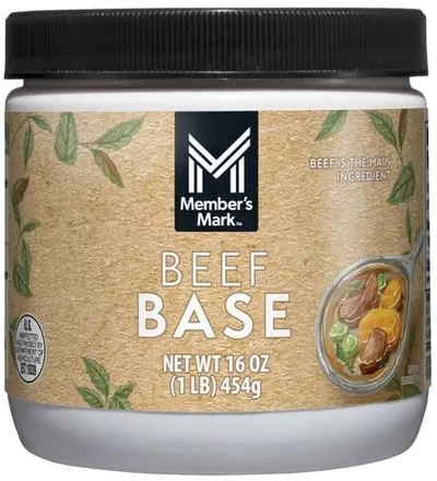 Shows the core sellable product, a Member's Mark Beef Base jar, clearly displaying the brand, product name, and net weight to help shoppers identify what they are purchasing. Displays the actual…