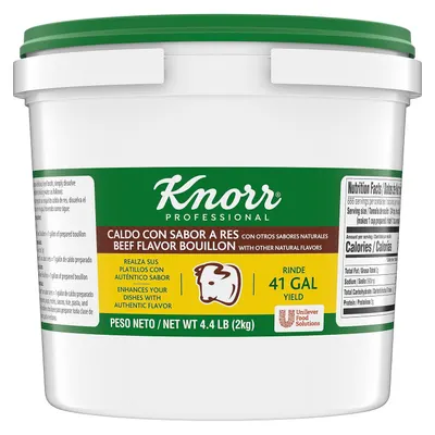 Shows the core sellable product, a large commercial-sized Knorr Professional beef bouillon container, clearly displaying the brand, product type, yield, and packaging to help professional buyers…