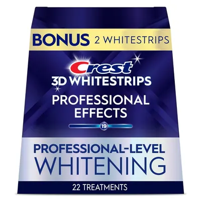Shows the retail packaging to communicate the product brand, key benefit of professional-level whitening, and bonus value of extra whitestrips included. Uses sparkle and starburst visual effects…