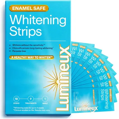 Shows the complete product package and individual whitening strips to communicate what the shopper will receive, emphasizing the enamel-safe, peroxide-free whitening solution. Displays the retail…