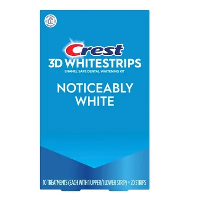 Shows the retail packaging for Crest 3D Whitestrips to help shoppers identify the product on shelf and understand what they will receive, emphasizing the noticeably white results and enamel-safe…