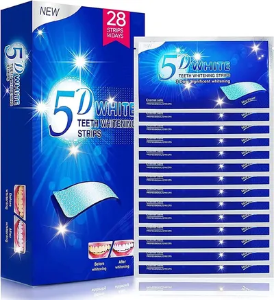 Displays the core product—5D White teeth whitening strips—showing both the retail box and the individual strips to communicate what the shopper will receive. Shows the physical retail packaging the…