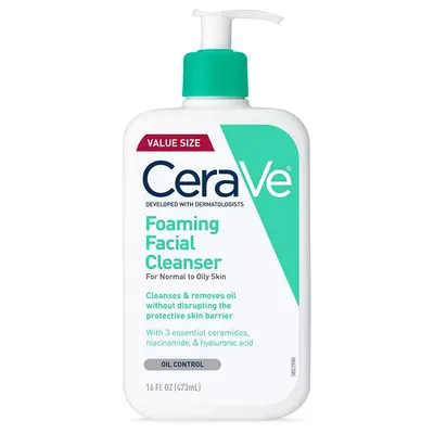 Displays the CeraVe foaming facial cleanser bottle clearly to show the product packaging, branding, and key benefits like oil control and skin barrier protection for normal to oily skin.
