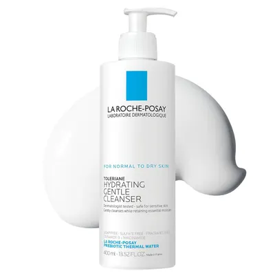 Displays the La Roche-Posay cleanser bottle clearly with its pump dispenser and product labeling to show shoppers exactly what they will receive, emphasizing the hydrating and gentle cleansing…