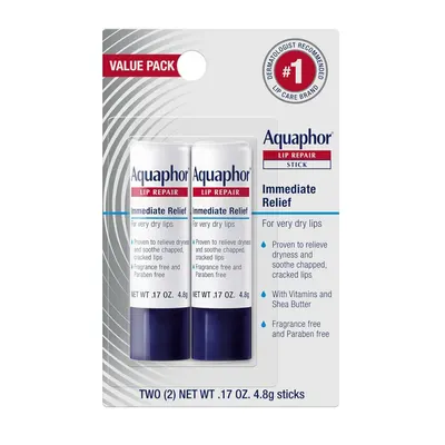 Shows the core product—two Aquaphor Lip Repair sticks—clearly visible in retail packaging, allowing shoppers to see exactly what they will receive. Displays the physical retail packaging with hang…