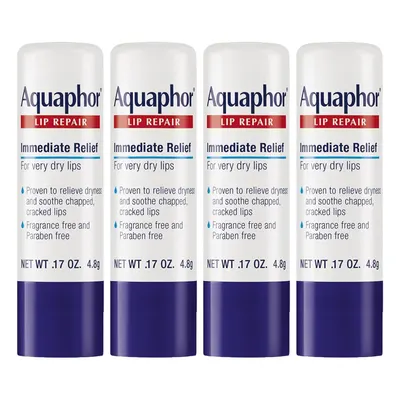 Shows the core product in a multi-pack format, allowing shoppers to see the Aquaphor Lip Repair packaging, branding, and key benefits like immediate relief for very dry lips.