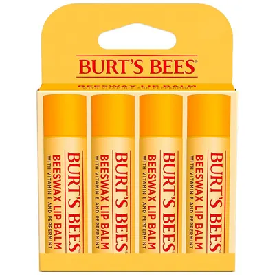 Displays the core sellable product—a 4-pack of Burt's Bees Beeswax Lip Balm with Vitamin E and Peppermint—clearly showing the quantity and branding to help shoppers understand exactly what they are…