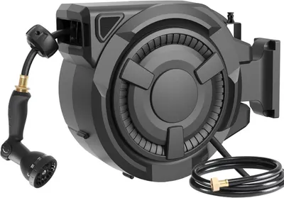 Displays the complete hose reel system with attached spray nozzle and hose to show shoppers exactly what they will receive and how the product looks assembled. Shows the included spray nozzle…