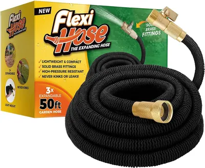 Shows the core product—a 50ft expandable garden hose with brass fittings—alongside its retail packaging to communicate what the buyer will receive. Displays the retail packaging with key product…
