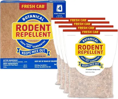 Shows the Fresh Cab rodent repellent product packaging and the four included scent pouches to communicate what the shopper will receive and how the product works to keep mice out of enclosed storage…
