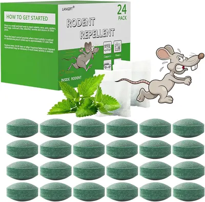 Shows the core product - a 24-pack of green rodent repellent pouches - clearly displayed so shoppers understand what they are purchasing. Uses cartoon mouse graphics and fresh mint leaves as visual…