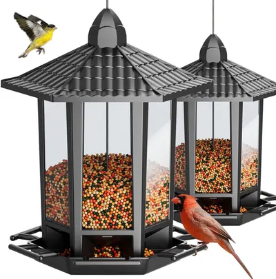 Shows the core product—a decorative hanging bird feeder with Asian-inspired pagoda roof design—clearly displaying its structure, seed capacity, and multiple feeding ports to help shoppers understand…