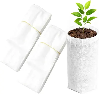 Shows the core product—biodegradable plant grow bags—both rolled and in use with a planted seedling to communicate their purpose and eco-friendly nature. Demonstrates how the bags function by…