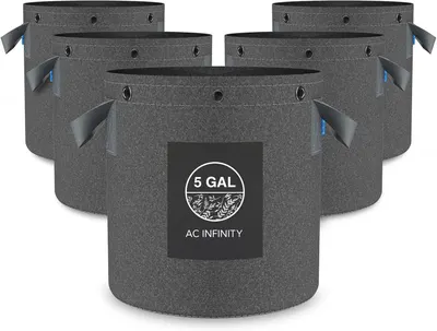 Shows the core product - a set of five 5-gallon fabric grow bags with handles and ventilation holes - clearly displaying what the buyer will receive. Displays the AC Infinity branded label on the…