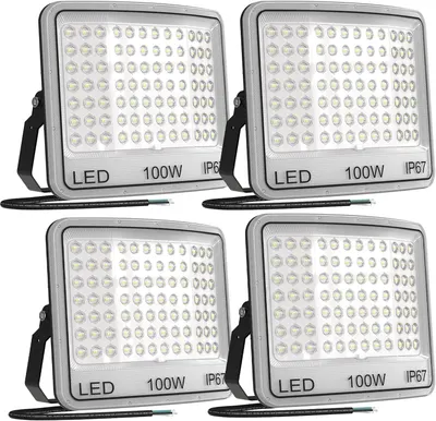 Shows four identical 100W LED floodlights as a multi-pack set, allowing shoppers to see the product clearly and understand they are purchasing multiple units together.