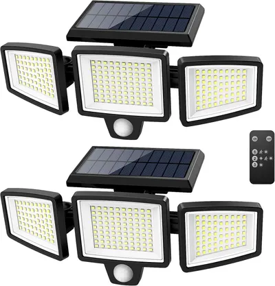 Displays the complete solar security light system showing two units with their solar panels, LED light heads, motion sensors, and remote control to communicate the full product offering and its key…