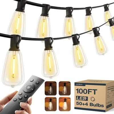 Shows the core product - a 100-foot LED string light set with vintage-style Edison bulbs - to communicate what the buyer will receive. Displays the included accessories that come with the string…