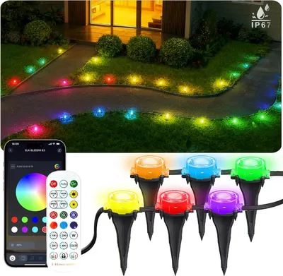 Shows the product installed in a real outdoor setting to demonstrate how the colorful lights illuminate a garden pathway and create an attractive nighttime ambiance. Demonstrates the product's smart…