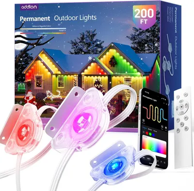 Shows the core product—permanent outdoor lights with individual light nodes, remote control, and smartphone app—to communicate the complete system the buyer will receive. Displays the retail…