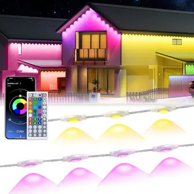 Shows the core product—LED strip lights—in action, demonstrating their ability to produce multiple vibrant colors and their application for home exterior and architectural lighting. Demonstrates the…