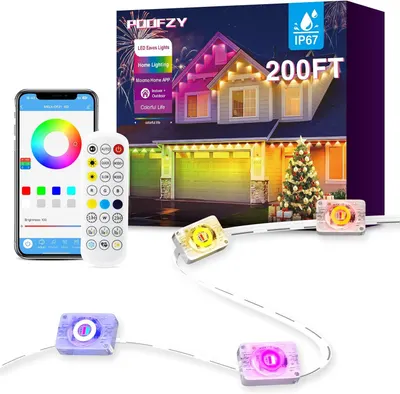 Displays the complete LED eaves lights system including the light modules, smartphone app interface, remote control, and retail packaging to show shoppers exactly what they will receive and how the…