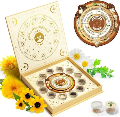 Shows the complete product set including the decorative box with zodiac symbols, the moon calendar wheel, and all included seed containers to communicate the full contents and celestial/gardening…