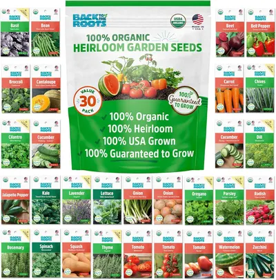 Displays the complete 30-pack seed collection with all varieties visible, showing shoppers exactly what seeds are included in the value pack and emphasizing the organic, heirloom, USA-grown quality.…