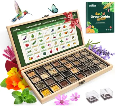 Displays the complete seed bank kit with all 32 seed varieties organized in compartments, along with the included grow guide, to show shoppers exactly what they will receive and how comprehensive…