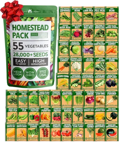 Shows the complete seed collection package with all 55 vegetable varieties clearly displayed to communicate the comprehensive variety and quantity of seeds included in the homestead pack. The…